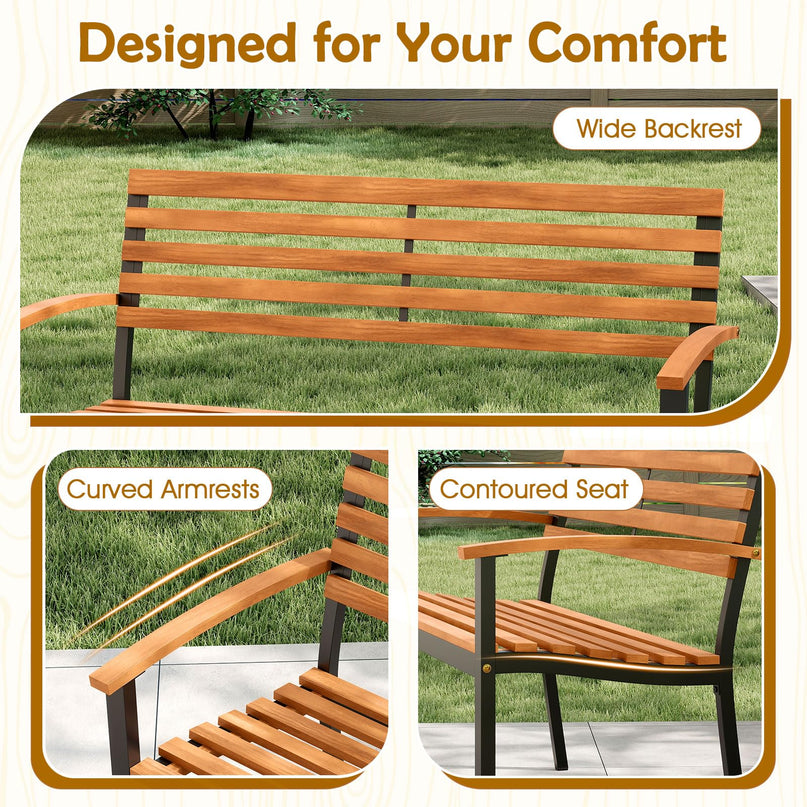 Giantex Outdoor 2-Person Bench with Slatted Backrest & Seat Armrests