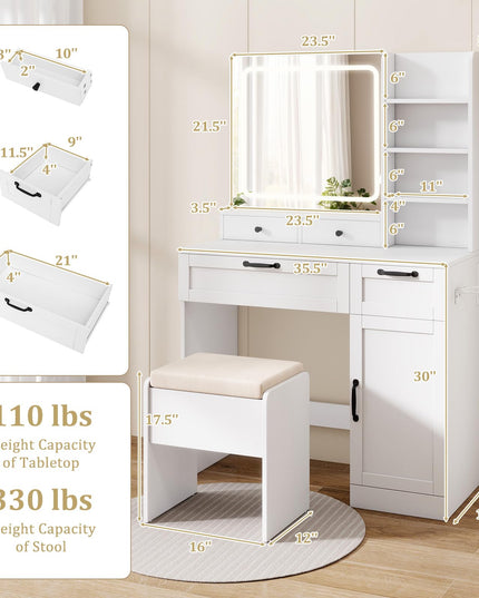 CHARMAID Makeup Vanity Table with Charging Station | White Bedroom Dressing Table with Chair