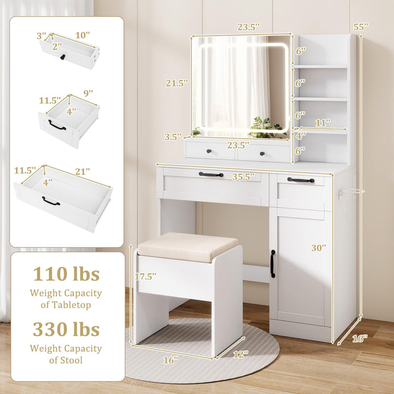 CHARMAID Makeup Vanity Table with Charging Station | White Bedroom Dressing Table with Chair