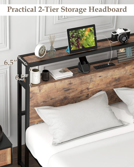 Giantex Full Bed Frame with Storage Headboard and Charging Station, with Outlets and USB Ports