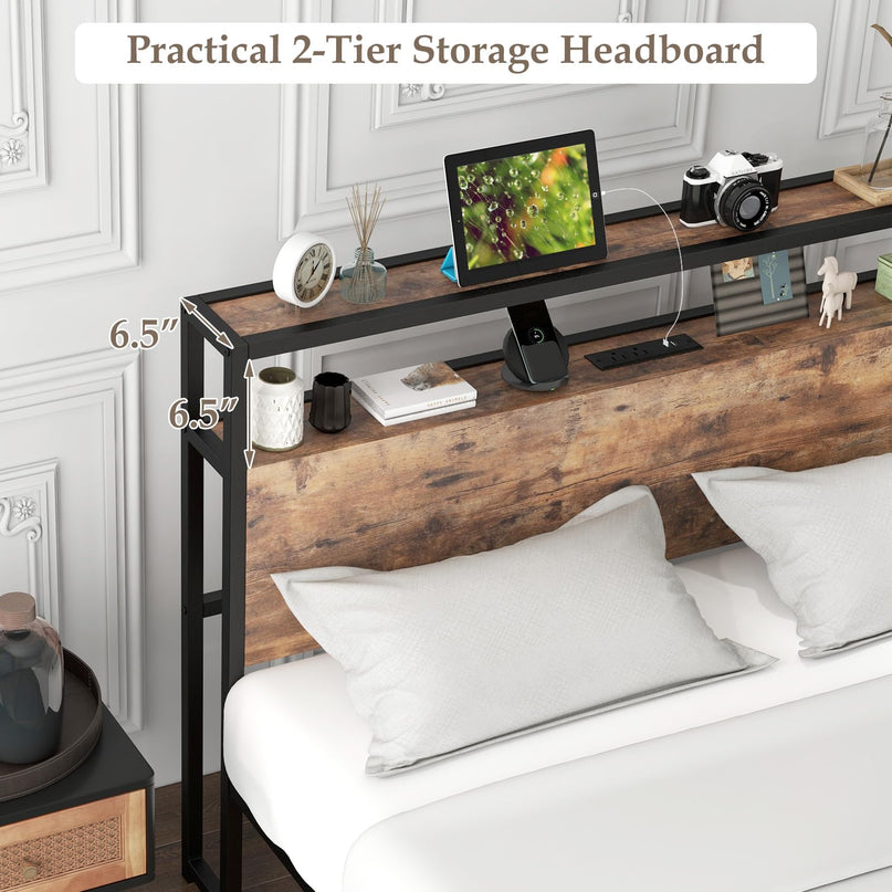 Giantex Full Bed Frame with Storage Headboard and Charging Station, with Outlets and USB Ports