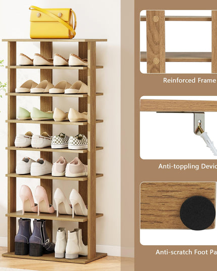 Giantex Meuble à Chaussures en Bois à 8 Niveaux, Organisateur de Chaussures Breveté à Double Rangée pour 16 Paires
