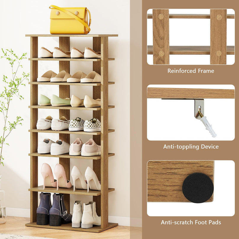 Giantex 8-Tier Wooden Shoe Rack Patented Double Row Shoe Organizer for 16 Pairs