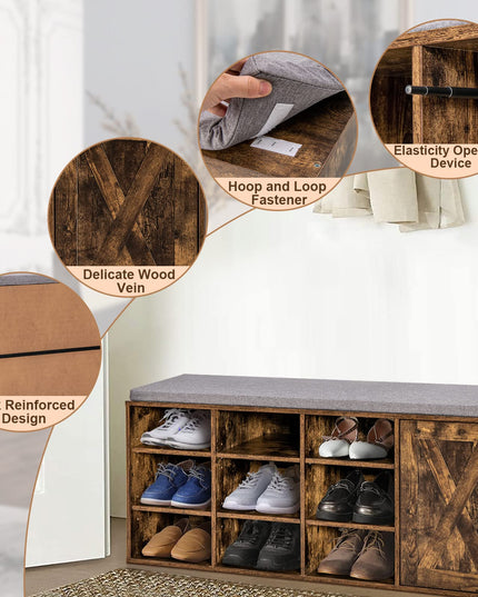 Giantex Shoe Bench, 3 Tier 9 Cubes Storage Bench with Adjustable Shelves (Rustic Brown)