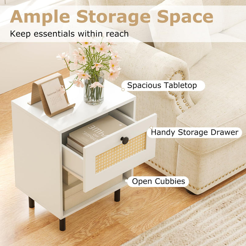 Giantex Rattan Nightstand with Drawer Set of 1/2 Modern Bed Side Table