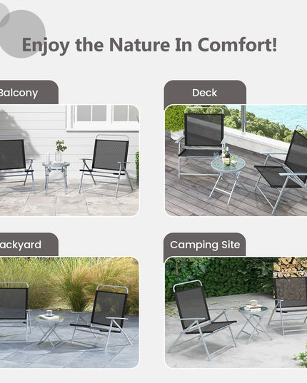 Giantex 3PCS Patio Bistro Set, Folding Outdoor Patio Table Set with 2 Foldable Chairs, 1 Ripple-Like Glass Table