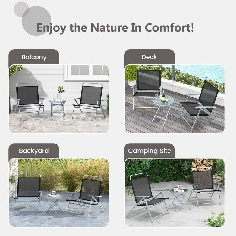 Giantex 3PCS Patio Bistro Set, Folding Outdoor Patio Table Set with 2 Foldable Chairs, 1 Ripple-Like Glass Table