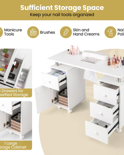 Giantex Nail Desk Manicure Table - Nail Table Station with Electric Dust Collector, 4 Drawers, Storage Cabinet