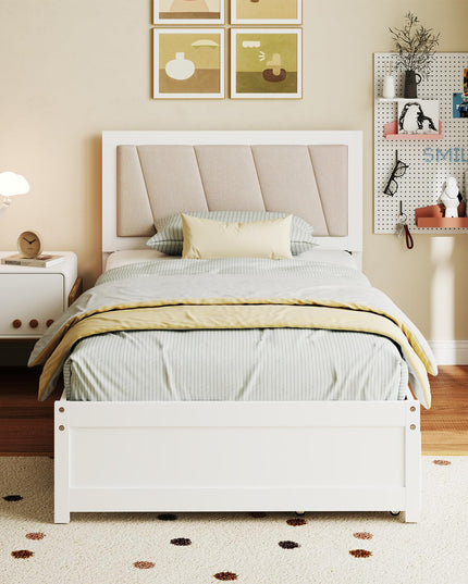 Giantex Wood Twin Bed with 2 Storage Drawers, Solid Wood Platform Bed with Upholstered Headboard