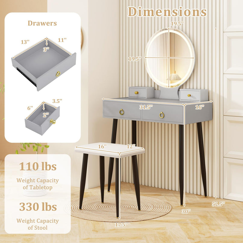 CHARMAID Vanity Desk with Mirror and Lights Modern Vanity Dressing Table with Stool