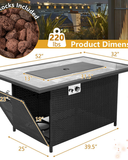 Giantex Outdoor Propane Fire Table - 52-inch Outdoor PE Rattan Propane Fire Table with Metal Lid