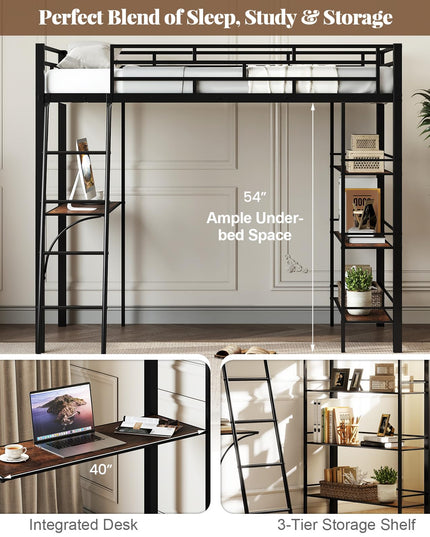 Giantex Twin Size Loft Bed with Desk & Shelves
