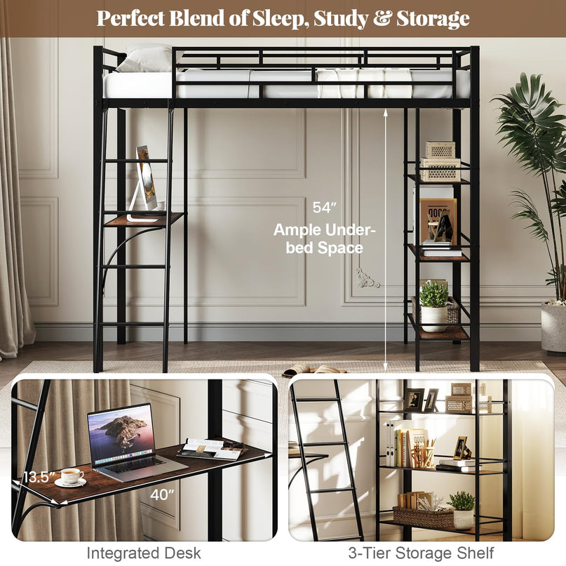 Giantex Twin Size Loft Bed with Desk & Shelves