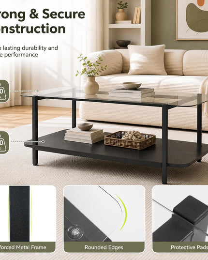 GIANTEX 37.5" Glass Coffee Table | 2-Tier Center Table with Storage