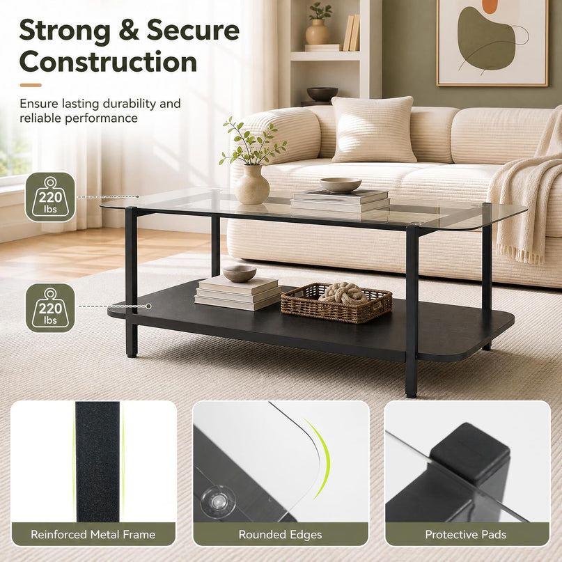 GIANTEX 37.5" Glass Coffee Table | 2-Tier Center Table with Storage