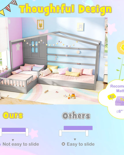Giantex Double Twin Beds for Kids, House L-Shaped Platform Beds with Window & Fences