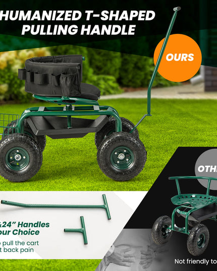 Giantex Garden Cart, Rolling Workseat with 4 Wheels, Tool Tray, Removable Cushion, Storage Basket