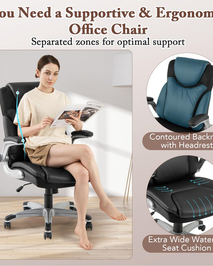 Giantex Executive Office Chair, PU Leather Ergonomic Desk Chair with Flip-up Armrests and Height Adjustable