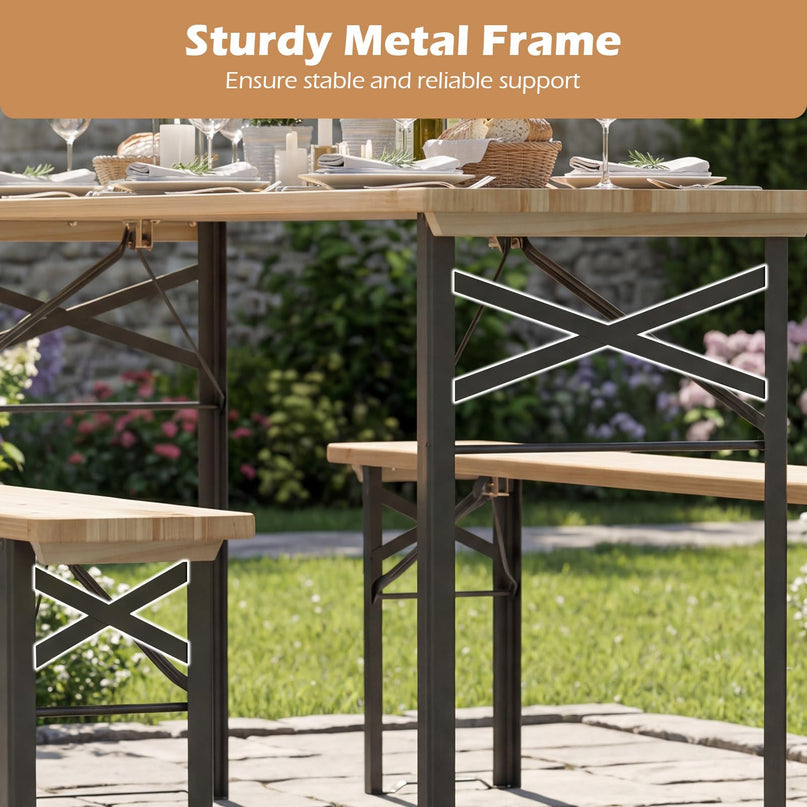 Table de pique-nique pliante 3 pièces Giantex en bois massif avec bancs pour 4 (178 cm)