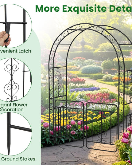 Giantex Garden Arbor with Gate, 84" H x 54" W Metal Arch Trellis for Climbing Plants Rose Vines