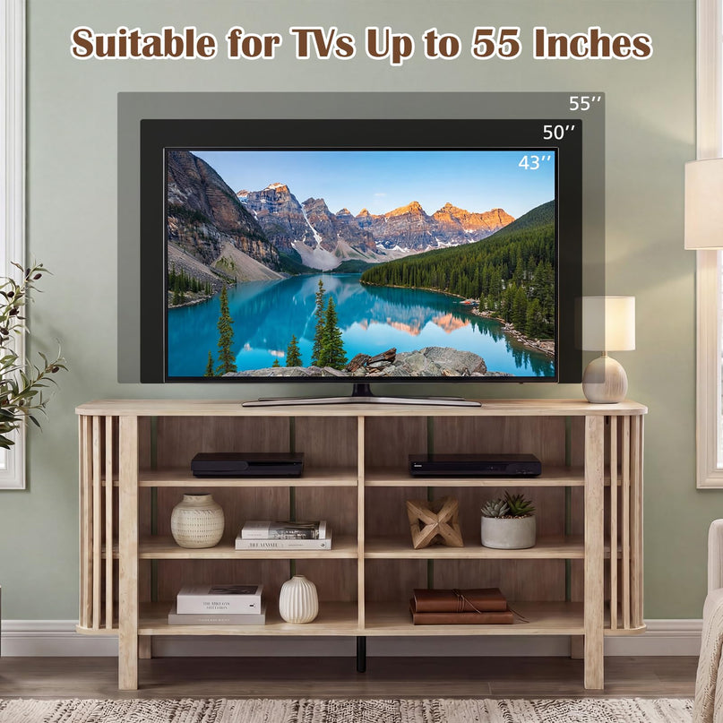 Meuble TV Giantex de 150 cm pour téléviseurs jusqu'à 55 pouces avec étagères réglables et décoration à lattes unique