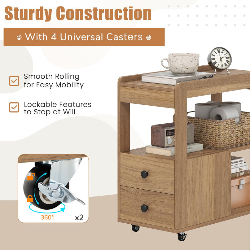 Giantex Rolling Side Table with Storage with Wheels & Open Shelves