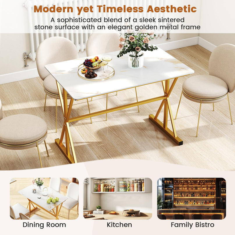 Giantex 44" Sintered Stone Dining Table with X-Shaped Gold Metal Frame