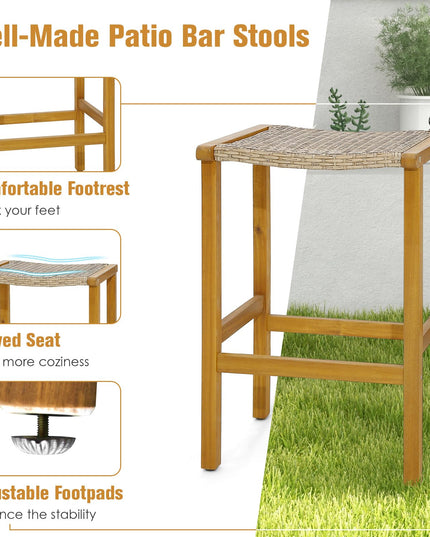 Giantex Patio Wood Bar Stools Set of 2, Acacia Wood Bar Stools w/Rattan Woven Seat
