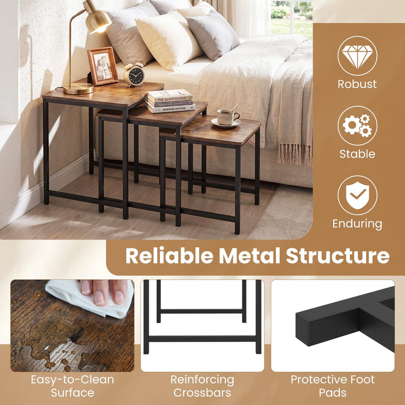 Giantex Modern Nesting Coffee Table Set of 3 with Metal Frame for Small Space