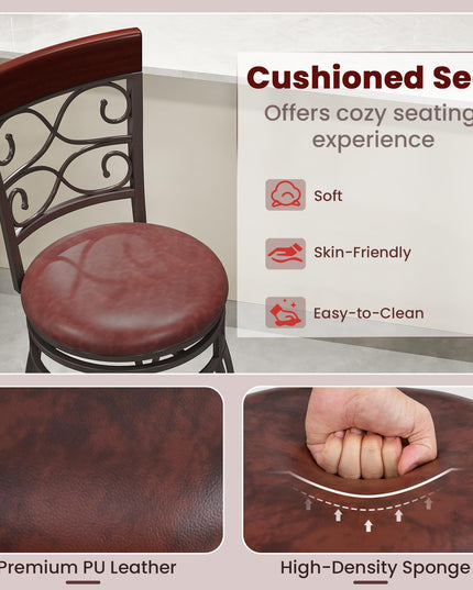 Giantex 30" Swivel Bar Stools Set of 2, Bar Height Bar Stools w/Back, Upholstered PU Leather Seat, Footrest, Rustic Brown