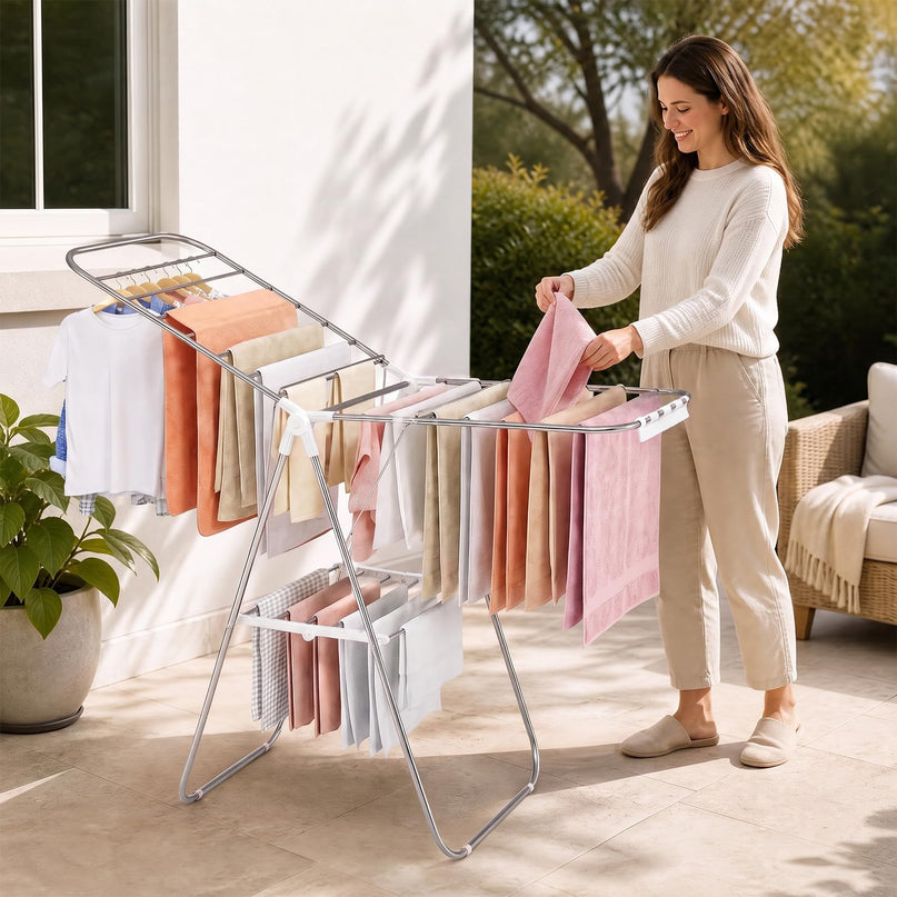 GIANTEX 60" L 2-Tier Stainless Foldable Clothes Drying Rack with Sock Clips