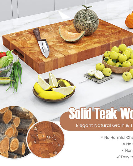 Giantex Teak Wood Cutting Board, 18" End Grain Chopping Block with Hand Grip, Pre-Conditioned With Natural Waxes & Oils