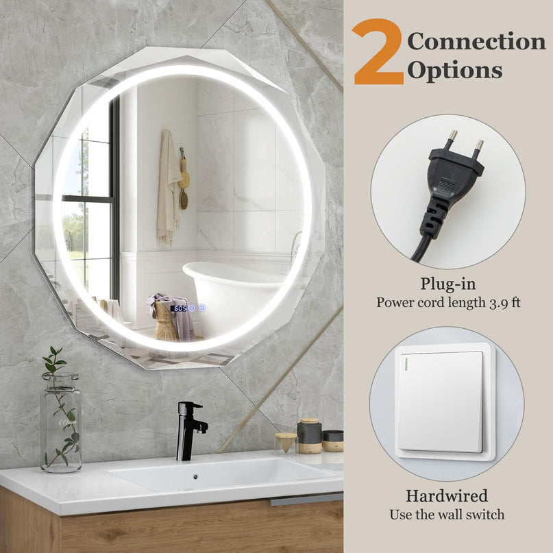 LED Bathroom Mirror, Lighted Beveled Edge Vanity Mirror Wall Mounted