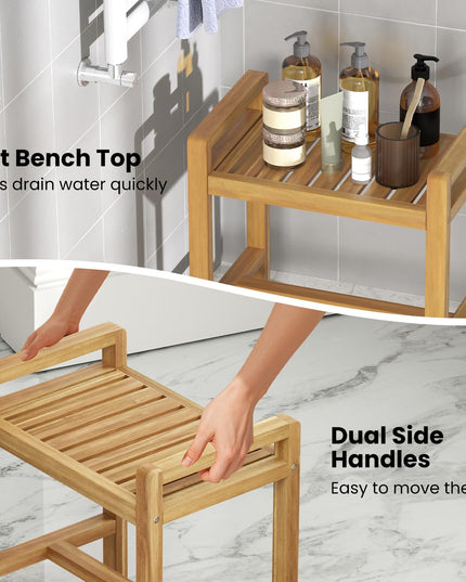 Giantex Teak Wood Shower Bench - 20" Waterproof Shower Stool with Handles and Slatted Seat for Inside Shower