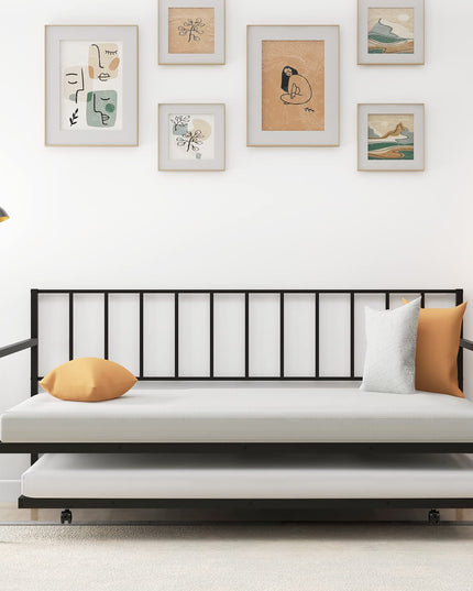 Giantex Metal Daybed with Trundle, Twin Size Daybed with Pullout Trundle & Steel Slat Support, Black