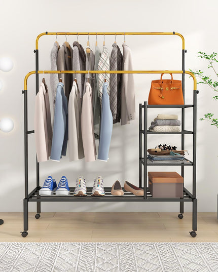 Giantex Double Rods Garment Rack with Wheels, Clothing Rack w/ 2 Hanging Height Adjustable Rods, Side Mesh Racks