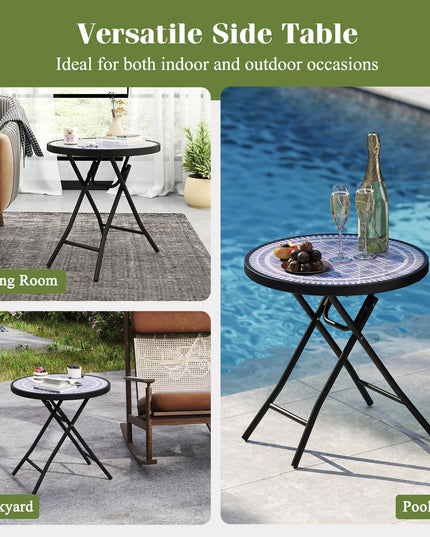 Giantex Folding Outdoor Side Table - 18” Round End Table with Tempered Glass Tabletop & Metal Frame
