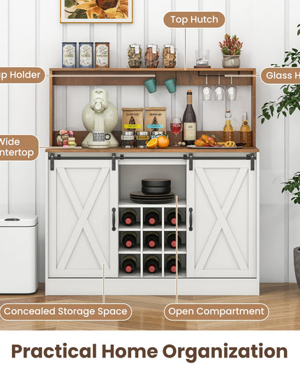 Giantex Farmhouse Buffet Cabinet with Hutch, Charging Station, 9 Bottle Wine Rack, Cup Glass Holder
