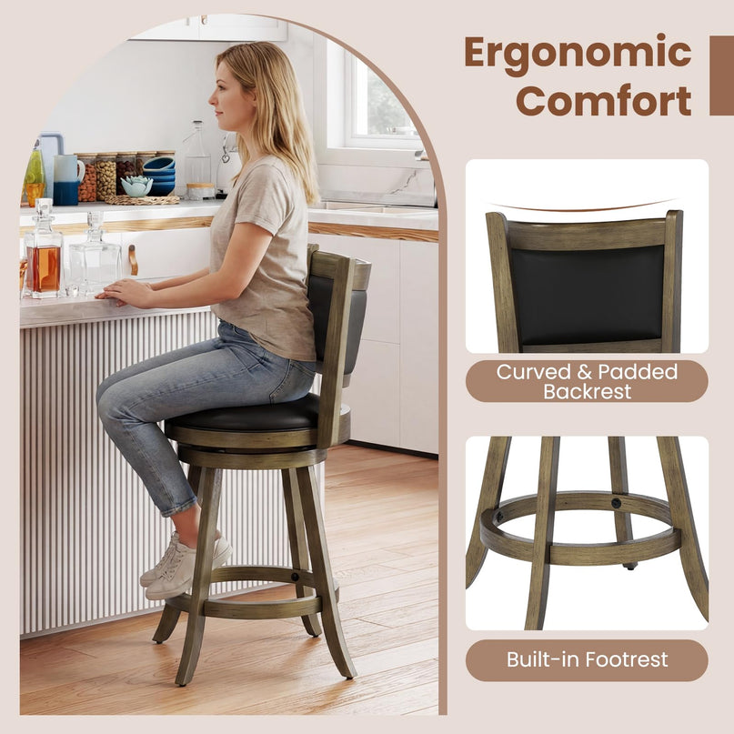 Giantex Accent Wooden Swivel Back Counter Height Bar Stool, Fabric Upholstered Design