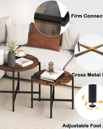 Giantex Round Coffee Table Set of 2, Nesting Tables with Metal Frame, Imitated Wood Grain Top