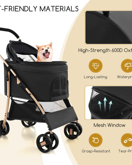 Giantex Pet Stroller 3-in-1, Folding Dog Stroller Detachable Carrier Car Seat (Black & Gold)