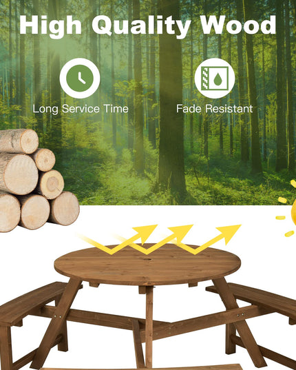 Giantex Wooden Picnic Table for 6 Person, Round Outdoor Table with 3 Benches, Umbrella Hole