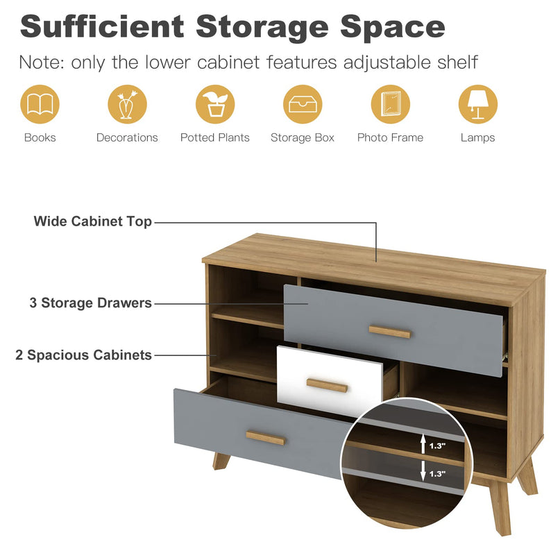 Free-Standing Storage Cabinet, Floor Cabinet with 2 Doors & 3 Drawers