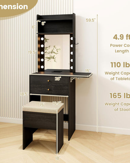 CHARMAID Small Vanity Desk with Mirror and Lights, Makeup Vanity Table with Charging Station, Drawers, Shelves, Foldable Side Table