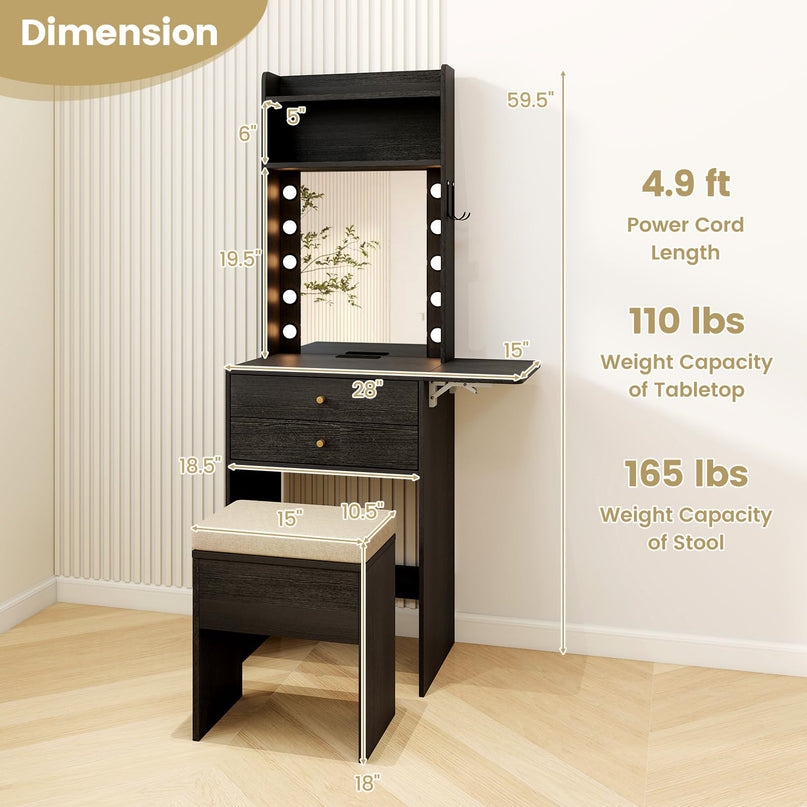 CHARMAID Small Vanity Desk with Mirror and Lights, Makeup Vanity Table with Charging Station, Drawers, Shelves, Foldable Side Table