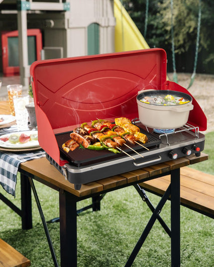 Giantex 2-in-1 Gas Camping Grill and Stove, Portable Propane Grill Burner, Gas Hose with Regulator, 20,000 Total BTUs (Red)