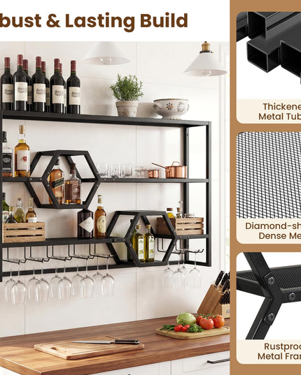 Giantex Wall Mounted Wine Rack | 47” Large Floating Bar Shelves w/Glass Holder