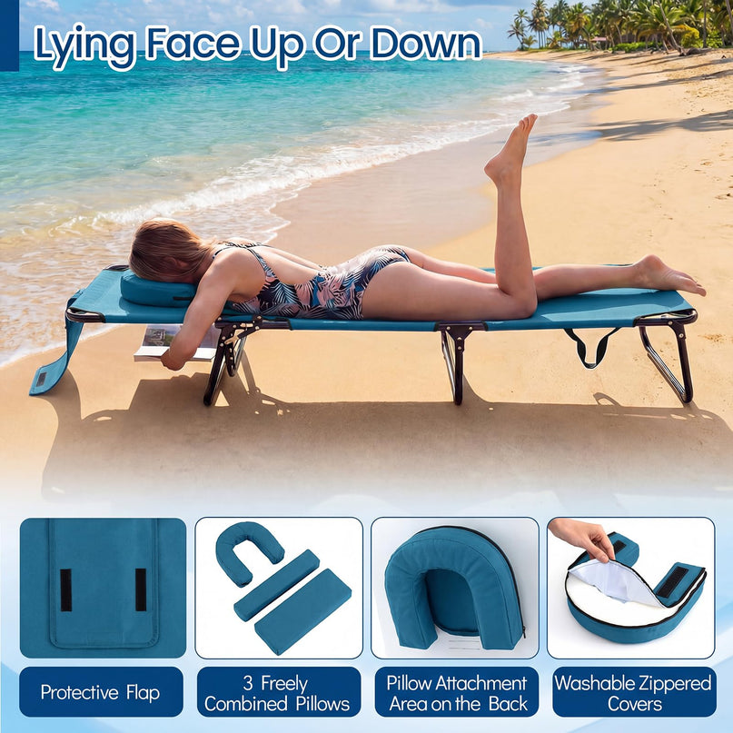 Giantex Folding Beach Tanning Chair - Adjustable Patio Lounge Chair w/Face Hole