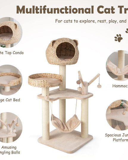 Giantex Wooden Cat Tree, 48 inches Cat Tower with Cattail Condo, Cat Bed, Hammock, Rotatable Jingling Balls