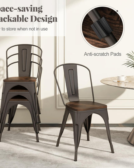 Giantex Metal Dining Chairs Set of 4, Stackable Kitchen Chairs with Wood Seat & Removable Backrest